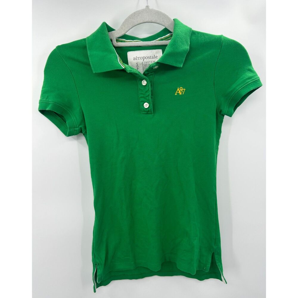 Y2K Aéropostale Women's Green Short Sleeve Stretch Polo Shirt A87 Logo S